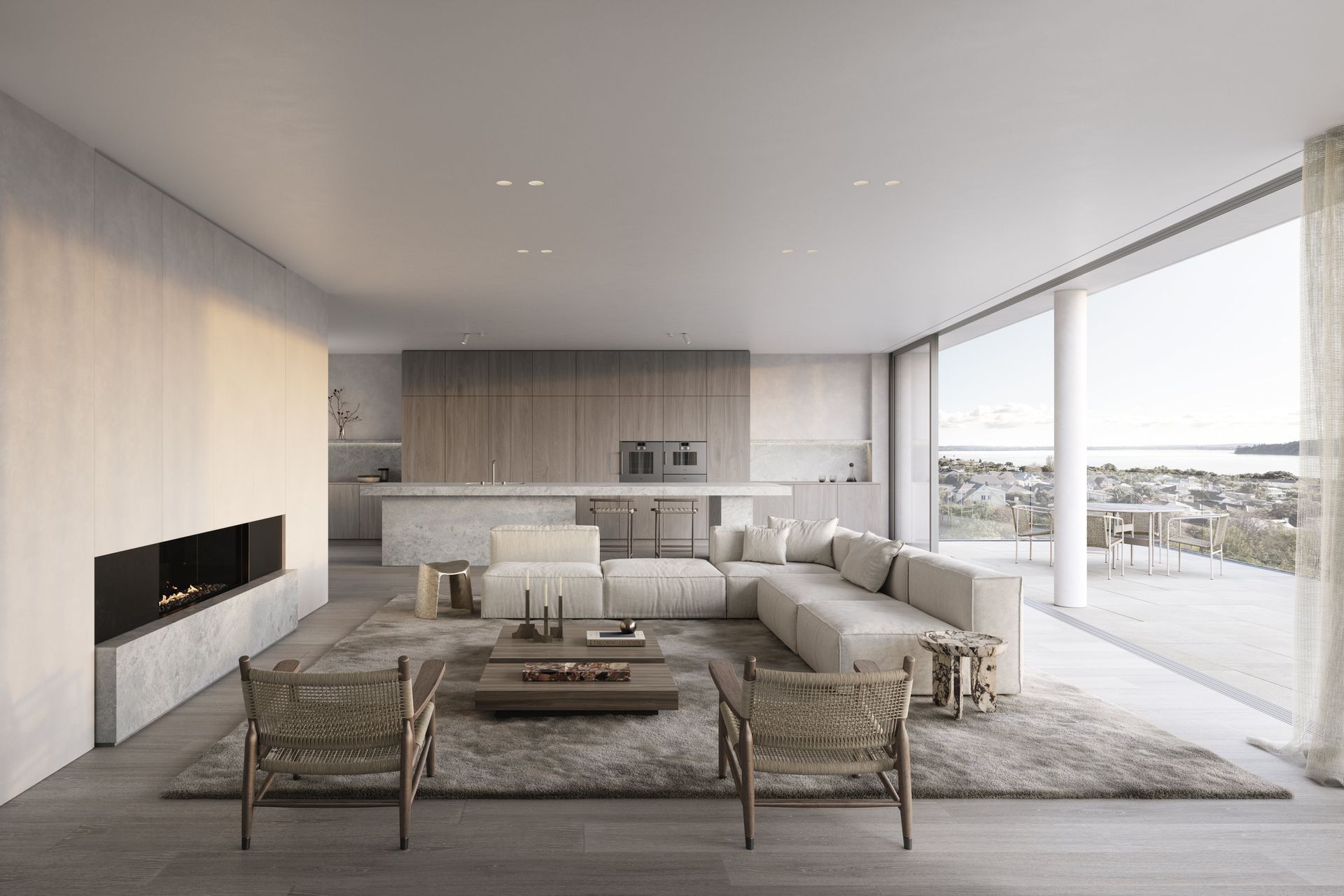 The interiors incorporate natural textures and luxurious materials in muted and refined tones.