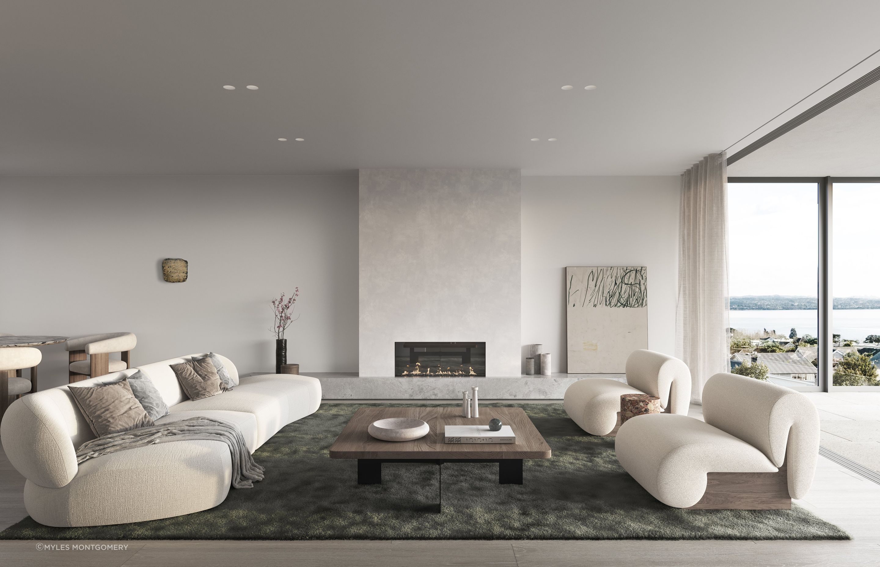 The interiors incorporate natural textures and luxurious materials in muted and refined tones.