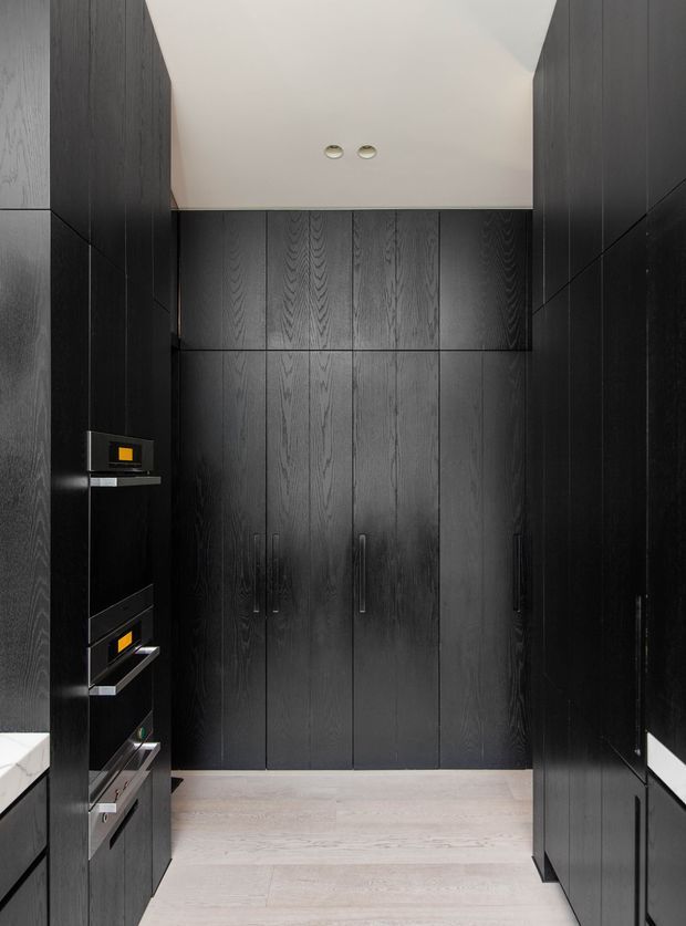 A narrow, highly streamlined kitchen or kitchen work zone with floor-to-ceiling dark timber cabinetry on both sides and at the far wall. Integrated black appliances with small amber display lights are built into the left cabinetry, while pale timber-look flooring and a white ceiling provide contrast. The space has a restrained, dark contemporary aesthetic with handleless or discreetly handled joinery and recessed ceiling downlights.