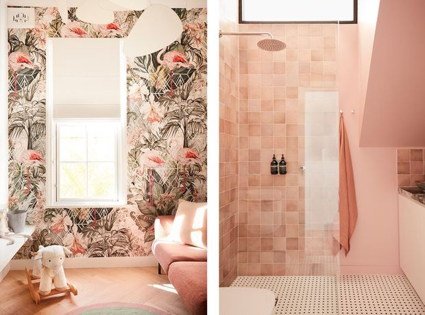 Split view of two softly styled interior spaces: a playful bedroom or sitting area with tropical floral wallpaper, a tall window, pale timber flooring, and blush-pink seating; alongside a compact pink bathroom with peach-pink tiled shower walls, a frameless glass shower screen, rainfall showerhead, terrazzo-like mosaic floor, and coordinated pink towel and cabinetry.