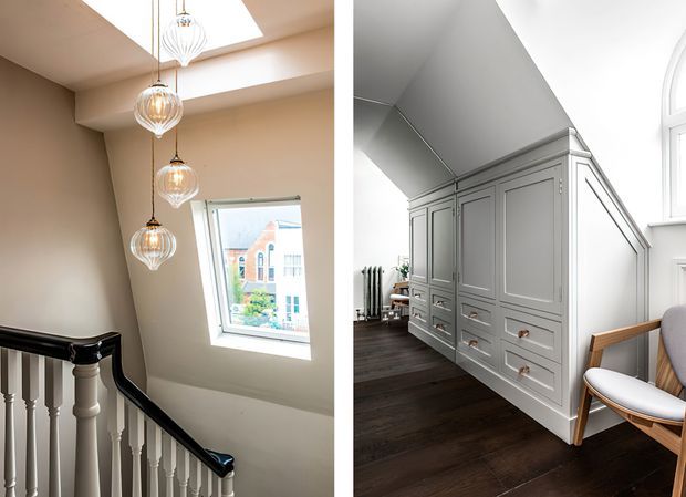 Split image showing two refined residential interiors: a stairwell with a black-and-white traditional balustrade, warm neutral walls, and a vertical cluster of glass pendant lights, alongside a bright attic-style room with dark timber flooring, extensive pale grey built-in cabinetry under a sloping ceiling, a radiator, and a classic upholstered chair. The overall presentation is polished and traditional with contemporary detailing.