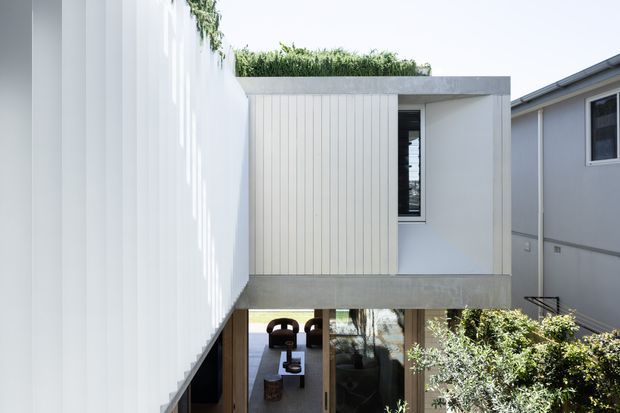 A bright contemporary multi-level residential extension viewed from an elevated exterior position. The compact upper volume has crisp white vertical cladding, a smooth grey concrete roof slab with a planted green roof, and narrow recessed glazing. A covered lower-level outdoor living area is visible beneath, while neighbouring residential structures and vegetation frame the scene.