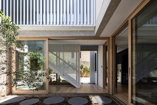 A bright contemporary courtyard viewed from an indoor-outdoor threshold, with full-height timber-framed glazing, exposed concrete beams and slab edges, a compact pebble garden with round stepping stones, and a white slatted upper-level screen. A stair is visible through the glazing, along with planted greenery and a dark kitchen or living area beyond.