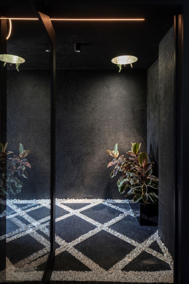A dark, dramatic interior passage or entry space with textured black walls and ceiling, black-framed full-height mirrored glazing, and a geometric floor composed of dark square slabs surrounded by white pebbles. Potted rubber plants add an organic accent, while concealed linear lighting and circular ceiling fixtures provide warm illumination. The mirror strongly extends the visual pattern and plants.
