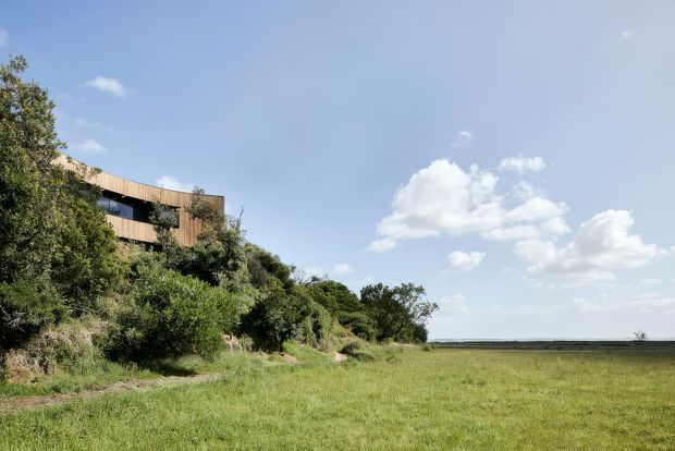 Exterior view of a contemporary, low-profile building partially concealed within dense coastal vegetation on a gently sloping site. The structure has horizontal timber-clad forms and broad dark window openings, with an expansive grassy landscape and a flat distant horizon beneath a bright blue sky.
