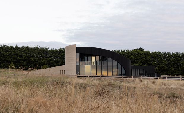 A low, sculptural contemporary building set behind tall coastal-style grasses and a dense hedge. The facade combines a sweeping curved dark roof and wall form with extensive floor-to-ceiling glazing, a pale masonry or concrete vertical feature wall, and a dark enclosed side wing. The subdued natural setting and overcast sky create a restrained, modern architectural presentation.