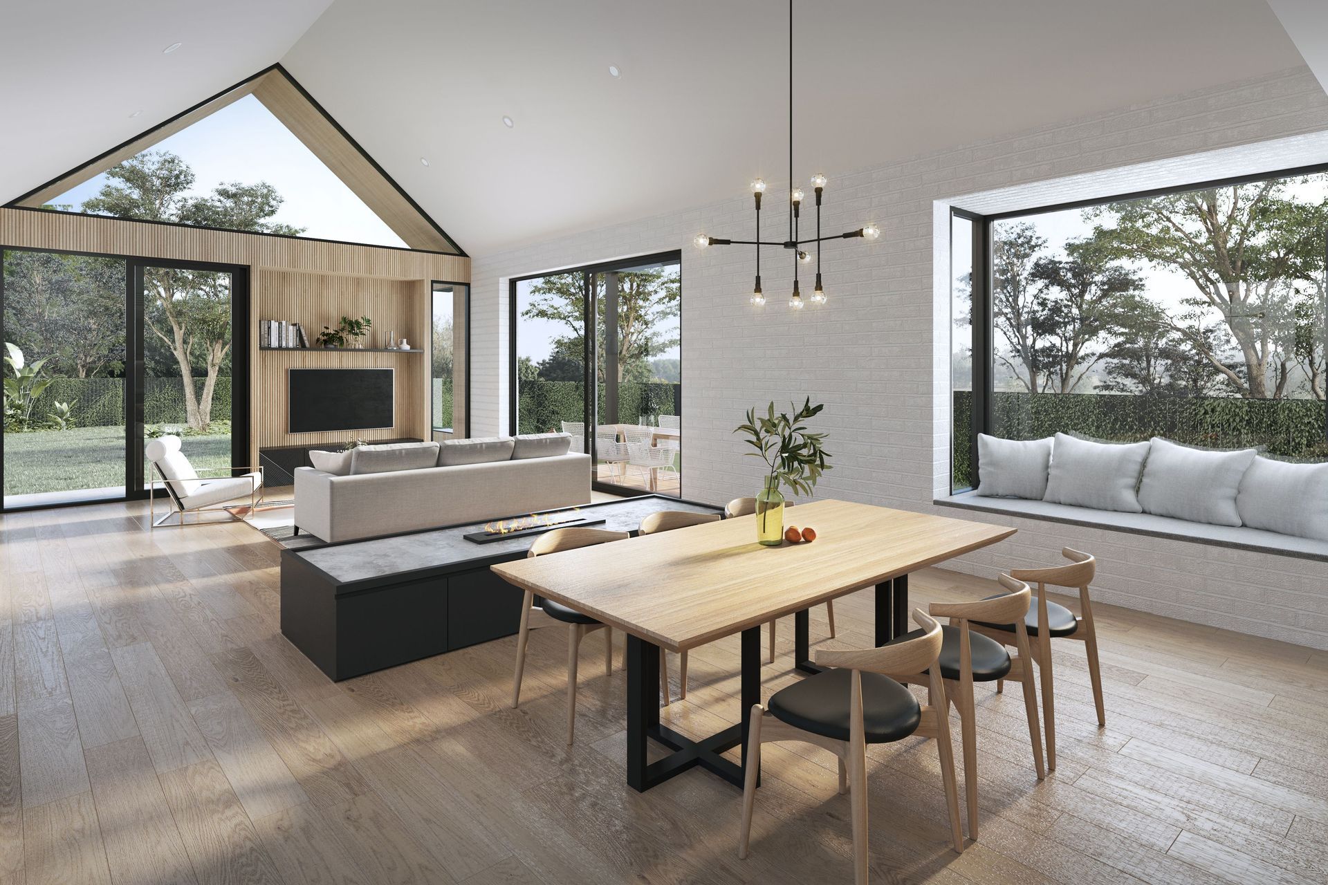 A pitched ceiling and large double-glazed windows bathe the room in natural light and evoke a sense of boundless space. A room that can be adapted to the tastes and style of the owner, the design is open plan and flexible, with natural, pared-back materials and finishes.