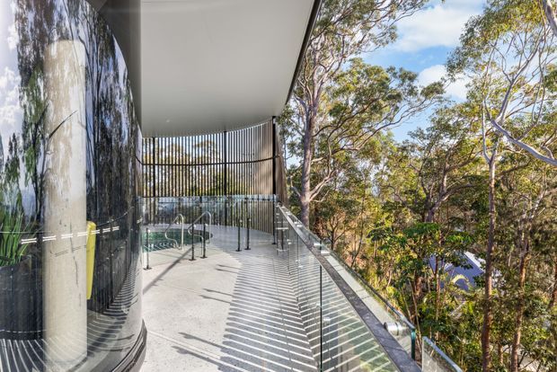 Exterior balcony or terrace of a contemporary building set among trees. The space has a broad pale concrete floor, frameless or minimally framed glass balustrades, dark vertical metal screening, and a flat projecting roof or canopy. Curved reflective glazing and a cylindrical structural column are visible on the left, with strong linear shadows cast across the terrace.