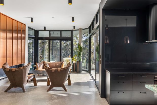 A bright, open-plan contemporary interior combining a dining or sitting area with a dark built-in kitchen. The room features full-height black-framed glazing, polished concrete flooring, warm vertical timber panelling, sculptural leather armchairs, a large indoor plant, and minimalist black pendant and recessed lighting.
