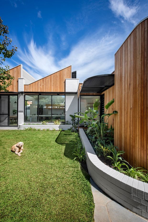 Exterior view of a contemporary single-storey residence arranged around a landscaped courtyard. The building combines warm vertical timber cladding, crisp white masonry walls, extensive dark-framed glazing and a curved black roof canopy. A curved raised planter with tropical foliage borders a neatly maintained lawn and paved path.