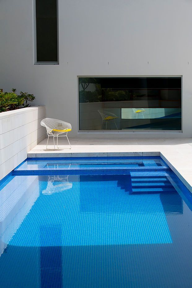 A bright modern courtyard pool area with a vivid blue tiled swimming pool, integrated submerged steps, pale tiled paving, and a white rendered wall. A raised tiled planter with greenery borders the pool, while a wire outdoor chair sits beside a large horizontal window reflecting the pool and surrounding planting.