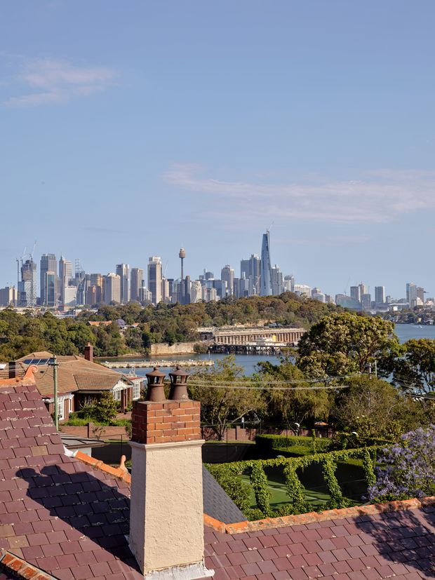 Exterior elevated view across a residential rooftop toward a waterfront urban skyline. The foreground shows terracotta-toned tiled pitched roofs, a rendered chimney with brick detailing, landscaped gardens, water, and a dense city skyline in the distance.