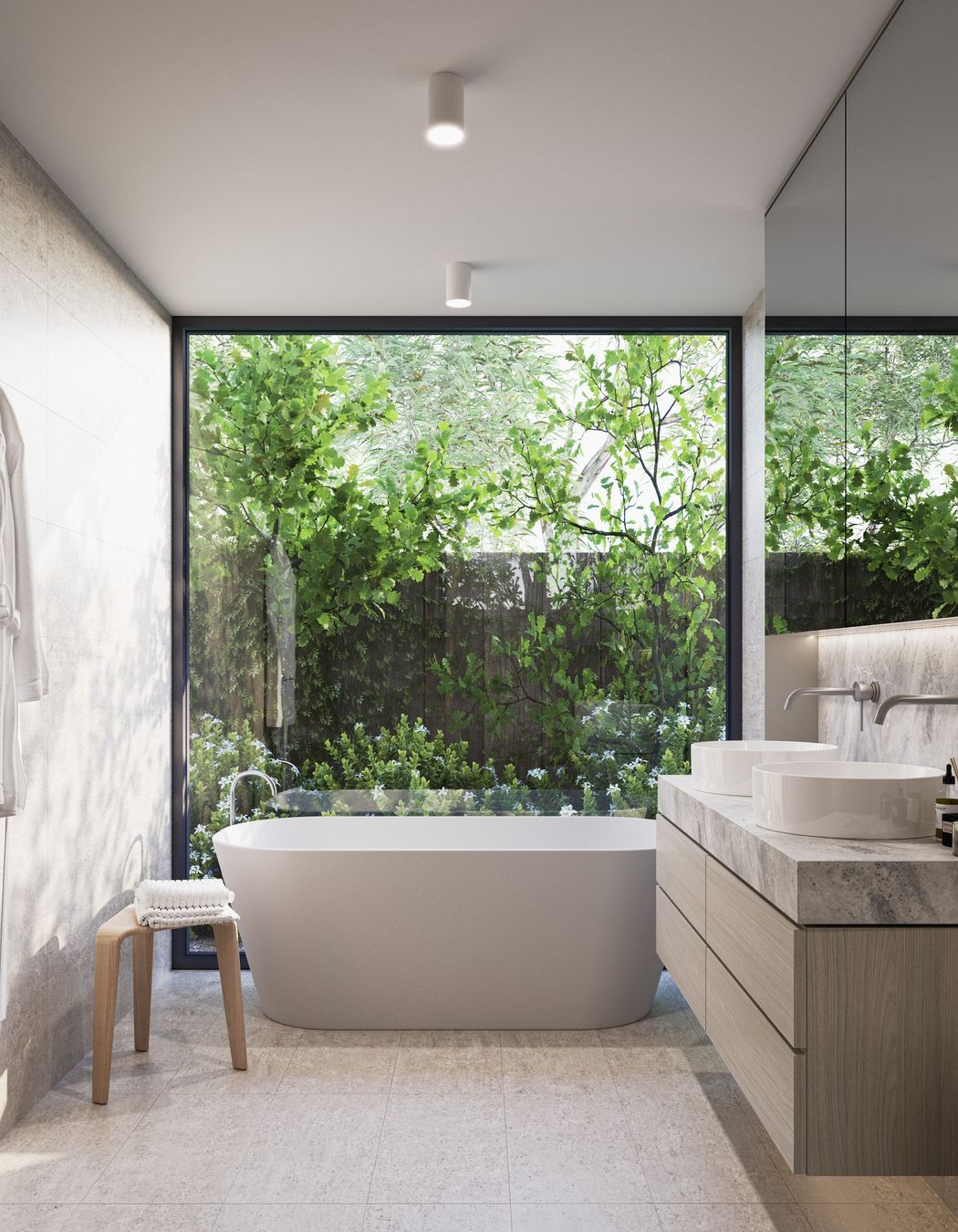 Both bathrooms are luxuriously appointed and unsparingly proportioned, with the option to extend to a third if desired. Crafted with a tastefully simple material palette, each features marble benchtops, ceramic double vanities and brushed chrome fixtures. Ensuites are complete with freestanding baths for an added touch of indulgence.