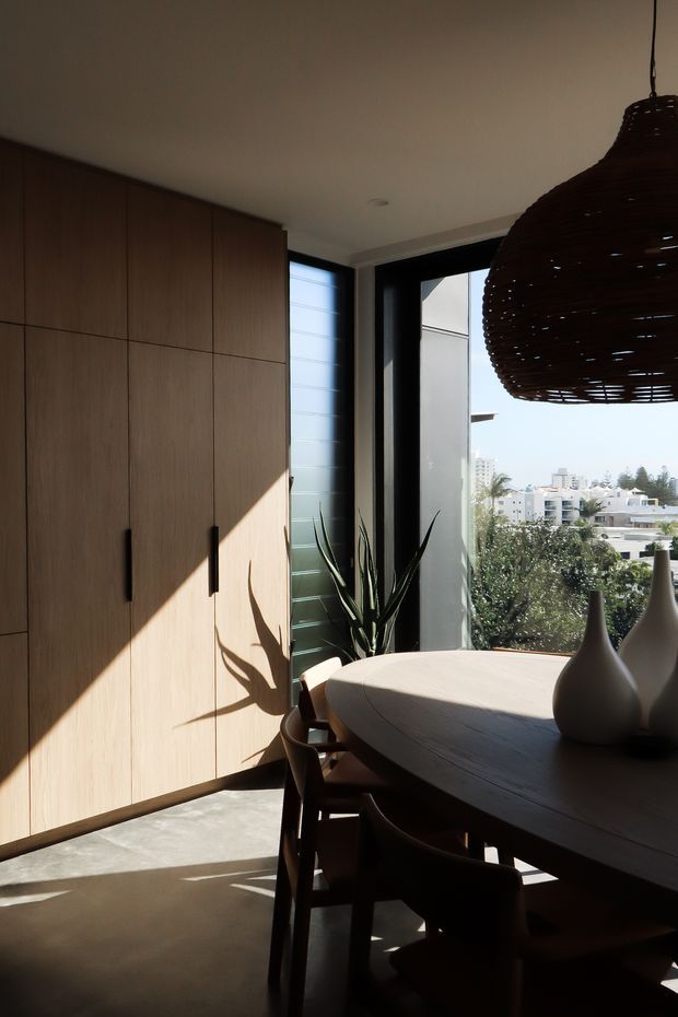 Sunlit dining area with a large oval timber dining table and dark wooden chairs, set beside floor-to-ceiling corner glazing. A full-height timber built-in storage wall lines the left side, while a woven pendant light hangs overhead. The windows overlook a leafy urban neighbourhood, and strong sunlight creates dramatic shadows across the cabinetry and floor.