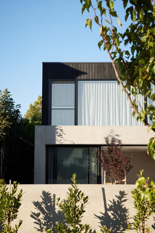 A modern two-storey residential facade photographed from a landscaped garden. The upper level has dark vertical timber-style cladding and large windows with sheer curtains, while the lower level features a smooth light beige rendered wall and broad dark-framed glazing. Foreground planting and tree shadows partially frame the building under a clear blue sky.