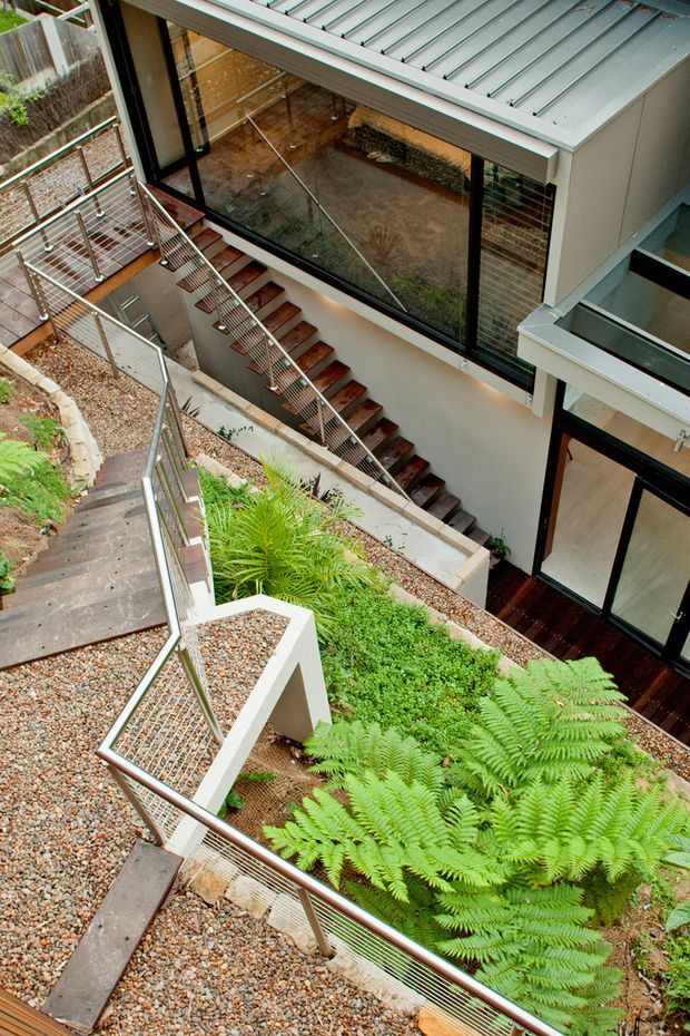 Elevated view of a contemporary multi-level residential courtyard or external walkway, with planted fern gardens, pebble-covered terraces, concrete stairs, stainless-steel wire balustrades, dark timber stair treads, and extensive black-framed glazing. The image emphasises the landscaped circulation space and modern building envelope.