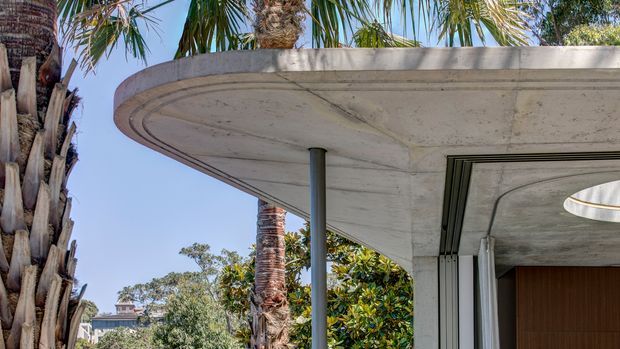 Close-up exterior architectural view of a contemporary concrete building, highlighting a rounded cantilevered roof or canopy with a smooth curved soffit, slender dark column, and large glazed opening with folding or sliding doors. Palm trees and greenery surround the structure, with a bright blue sky visible beyond.