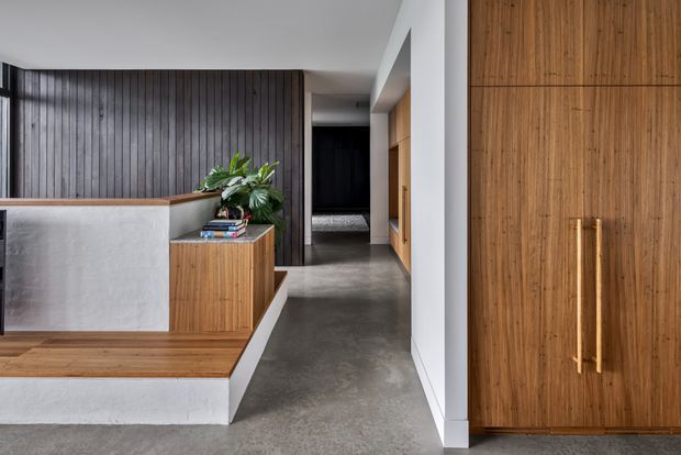 A contemporary residential hallway and entry area with polished concrete flooring, extensive warm timber built-in cabinetry, a dark vertical timber feature wall, and a raised timber-lined platform or bench. The space has clean white walls, integrated joinery, and a plant with books adding subtle styling.