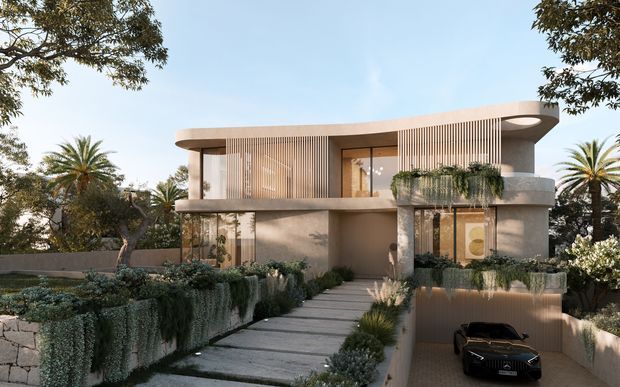 A photorealistic architectural rendering of a sophisticated two-storey contemporary residence. The home has a rounded, gently projecting flat roof, curved balcony edges, extensive glazing, warm neutral plaster or concrete walls, and vertical timber-toned screening. A landscaped entry path leads past dense planting to the front door, while a recessed lower-level garage contains a car. Palm trees and mature landscaping surround the property.