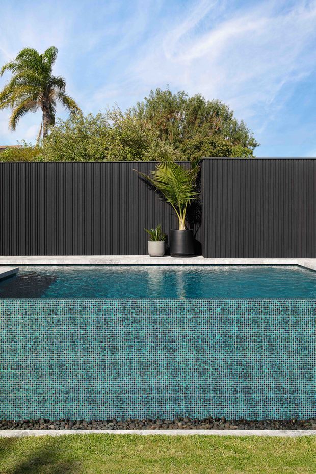 A close-up exterior view of a rectangular swimming pool with a turquoise mosaic-tiled interior and dark pebble drainage border. A light concrete coping edge separates the pool from a tall black vertically ribbed privacy fence, with potted tropical plants placed against it. Lawn, trees, palm foliage and a bright blue sky are visible beyond the fence, creating a clean contemporary backyard setting.