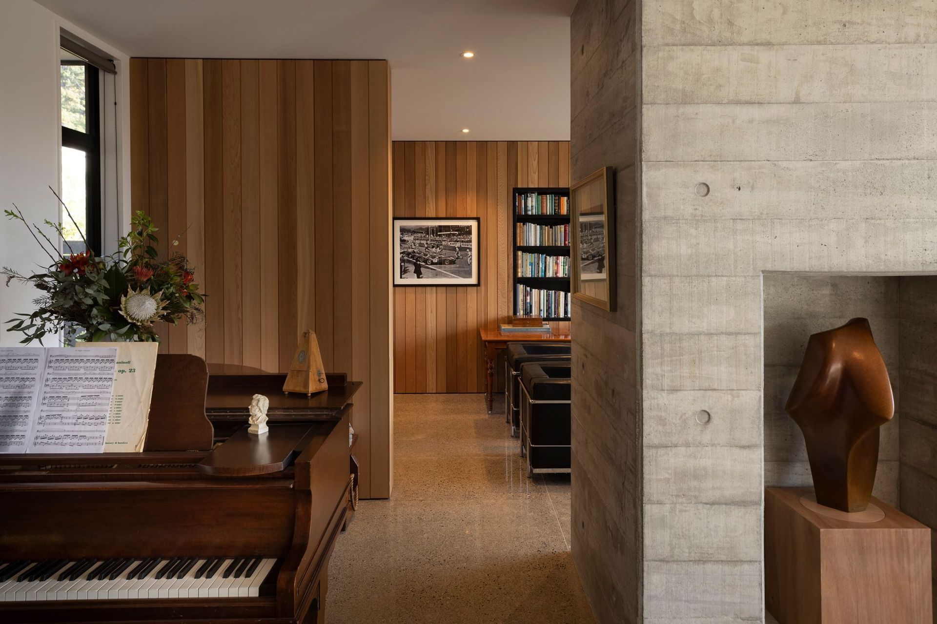 “Externally it’s all insulated concrete,” says Richard, “and we have a hydronically heated concrete floor and walls that are exposed to the sun, which allows us to get a good passive solar gain. Concrete is an interesting material. While the house has rectilinear forms, concrete is quite malleable by nature. It’s low-maintenance and with some craft and care can give a texturally sophisticated aesthetic. Properly used it can help to store and conserve solar energy for a more stable internal temperature gradient.”