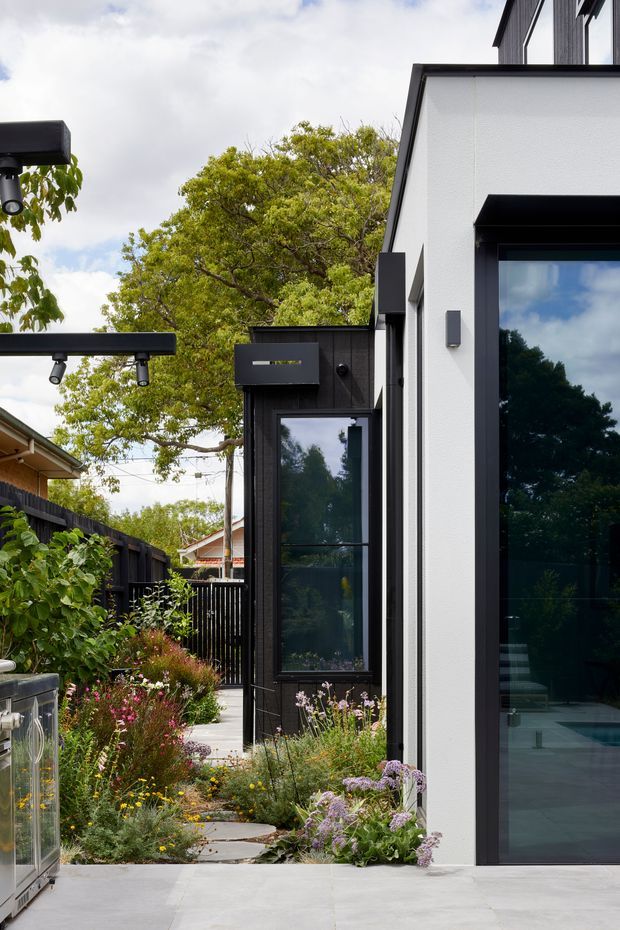 Photograph of a contemporary residential exterior and landscaped side courtyard. The building has crisp white rendered walls, black cladding and trims, large dark-framed glazing, and a flat or very low-pitched roofline. A paved path runs through a planted garden with flowering perennials, while neighboring residential structures and mature trees are visible in the background. Exterior track lighting and a glazed doorway are prominent.