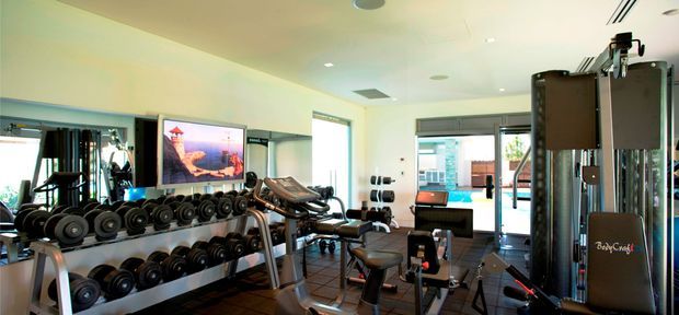 Bright, contemporary home gym with extensive dumbbell racks, weight benches, a multi-station cable machine, cardio equipment, mirrors, and large glazed doors opening toward an outdoor area.