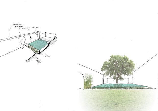 Architectural concept sketch showing a rectangular swimming pool integrated into a walled courtyard or garden setting. The image combines an annotated axonometric diagram with a perspective elevation, depicting surrounding walls, planting, a mature tree, and a simple pool edge. The presentation is hand-drawn in black linework with lightly rendered green-blue water and landscape elements.