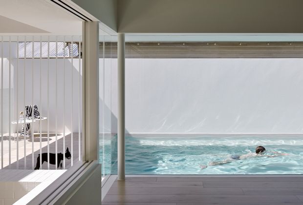 A bright, refined contemporary interior featuring a long indoor swimming pool behind expansive glazing. Slim vertical white balustrade bars divide the pool from a small adjacent seating area, while pale timber-look flooring, white structural columns, and a broad overhead opening create a calm, airy composition. A swimmer is visible in the pool and a black cat sits behind the balustrade.