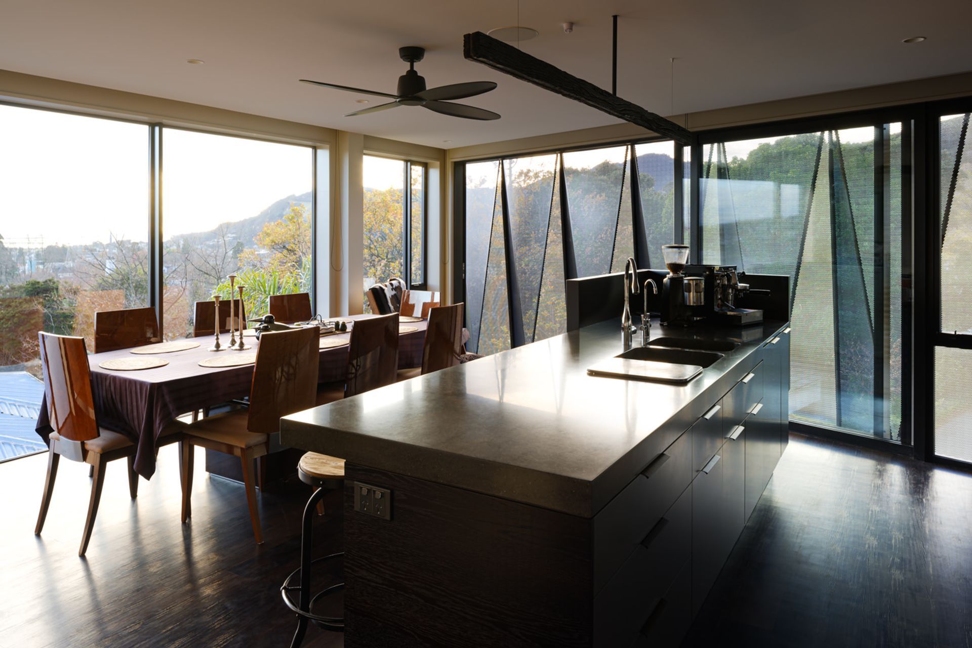 Situated on the upper floor, the open-plan living area takes advantage of the north-facing views from the elevated, Grampians hills location.