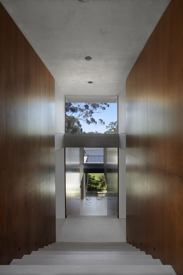 A contemporary stairway descending through a tall, narrow interior void. The walls are lined with warm dark timber panelling, contrasting with a smooth pale concrete ceiling and stair treads. Recessed ceiling lights and large glazed openings frame views of trees, a roofline, garden and an adjoining lower-level space with minimal seating.