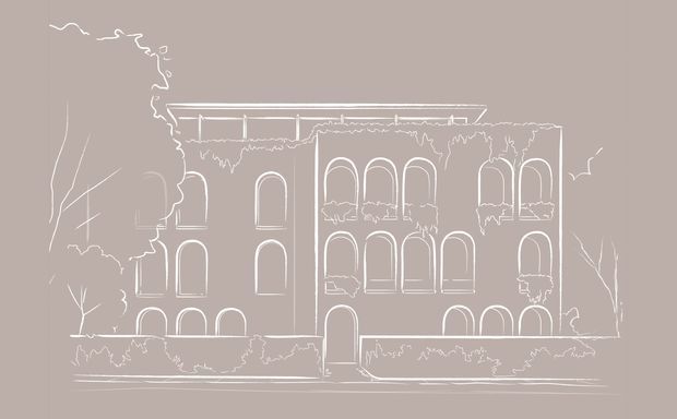 A minimalist architectural line drawing of a symmetrical two-storey building, featuring repeated arched windows, a central entrance, a flat roofline, and simplified landscaping outlines. The monochromatic taupe background and white sketch lines give it the appearance of a conceptual elevation or architectural illustration.
