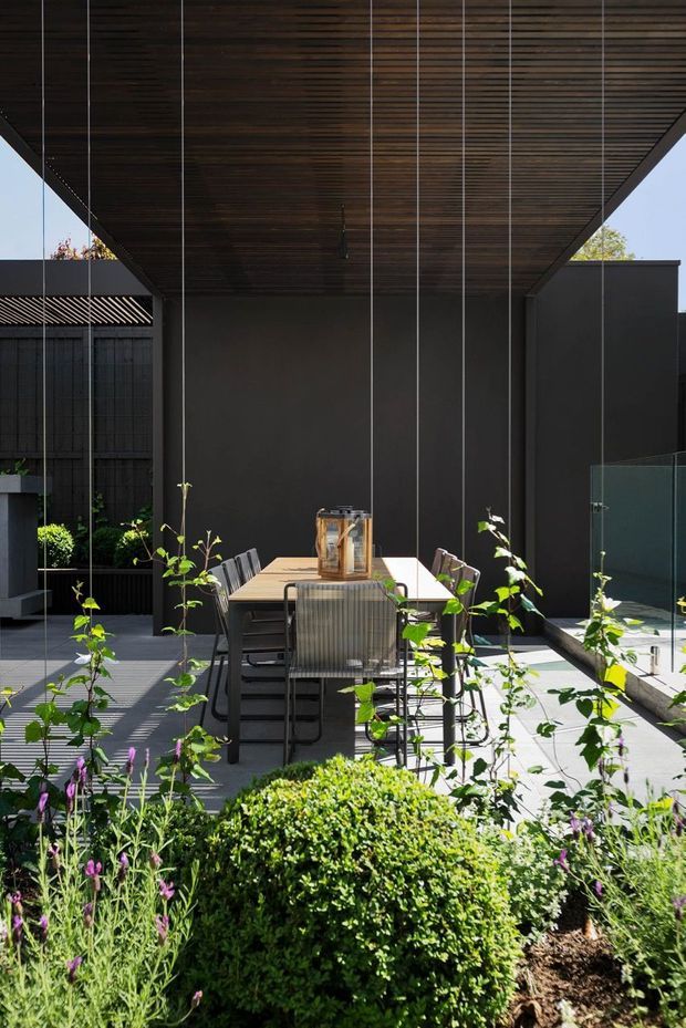 A contemporary outdoor dining terrace beneath a large dark timber-lined cantilevered canopy. A timber dining table with dark metal chairs sits on pale paving, surrounded by clipped shrubs and flowering planting. Dark rendered walls, vertical screening, suspended slender cables, and a glass balustrade define the sheltered courtyard-like space, with strong sunlight creating linear shadows.