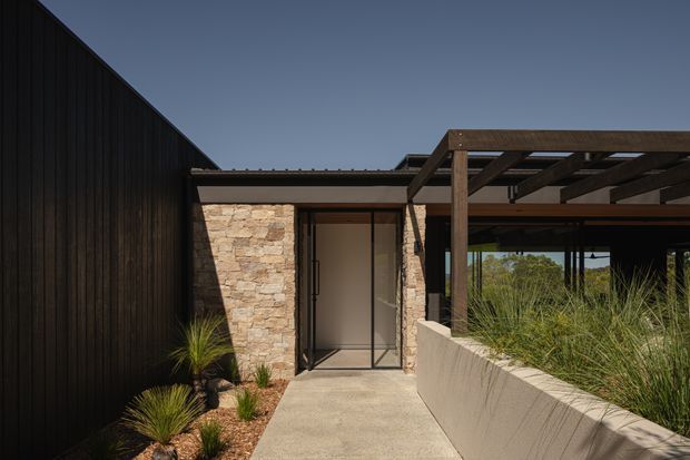 Exterior view of a contemporary single-storey building entrance, featuring dark vertical cladding, a warm natural-stone wall, concrete paving, black-framed glazing, and a timber pergola over a landscaped raised planter. Drought-tolerant grasses and sculptural plants line the entry path under a clear sky.