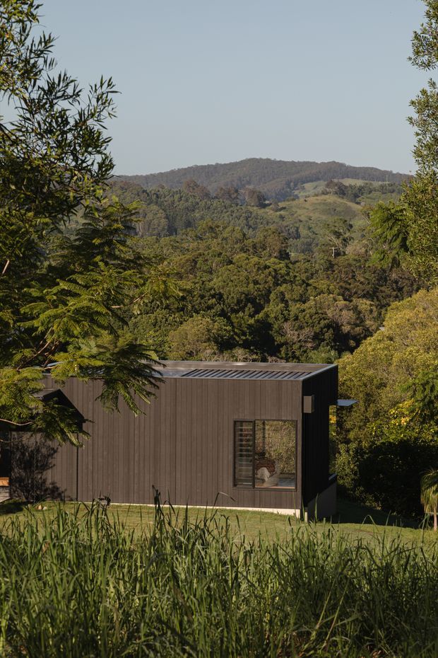 A compact, single-storey dark-clad building set within a lush rural landscape. The simple rectangular form has vertical timber-like cladding, a low-pitched corrugated metal roof, and a large glazed window. Dense vegetation surrounds the structure, with rolling forested hills visible behind it.