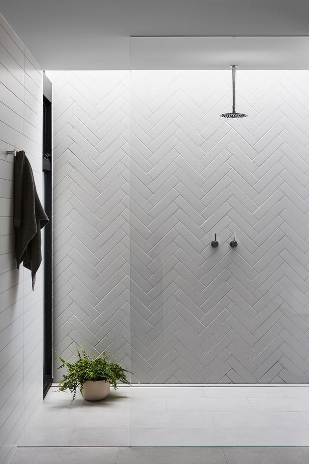 Minimal contemporary walk-in shower with a full-height light grey herringbone tile feature wall, matching pale floor and wall tiles, frameless clear glass screen, and slim dark shower hardware. A dark towel hangs on the side wall and a small potted fern adds a natural accent.