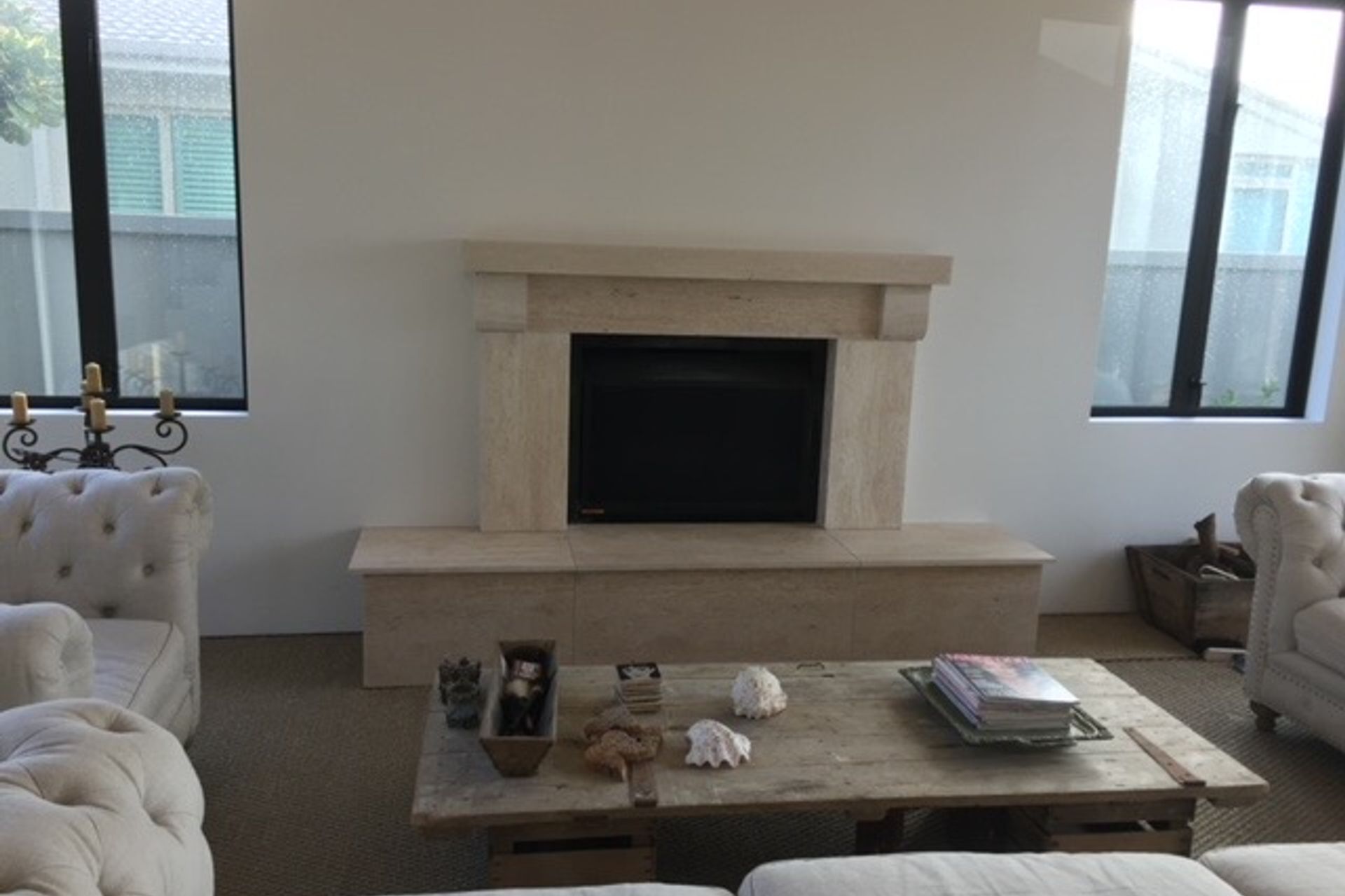 Honed Travertine fireplace