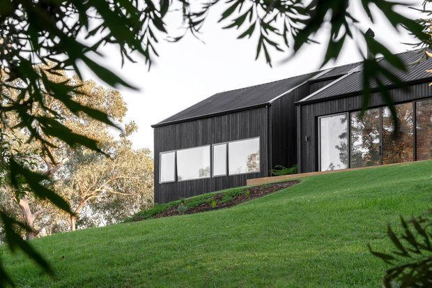 Exterior view of a modern dark-clad home on a sloping, landscaped site. The building features black vertical timber-style cladding, pitched gable roofs with dark metal roofing, and large windows reflecting surrounding trees. Framing foliage and mature trees reinforce the natural suburban or rural setting.