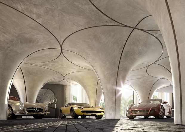 A dramatic luxury car gallery or garage with sculptural vaulted concrete architecture. The ceiling and walls form sweeping intersecting arches outlined by dark curved seams, creating a highly expressive shell-like interior. Large vertical windows bring in daylight, while several exotic and classic cars are displayed across a dark tiled floor.