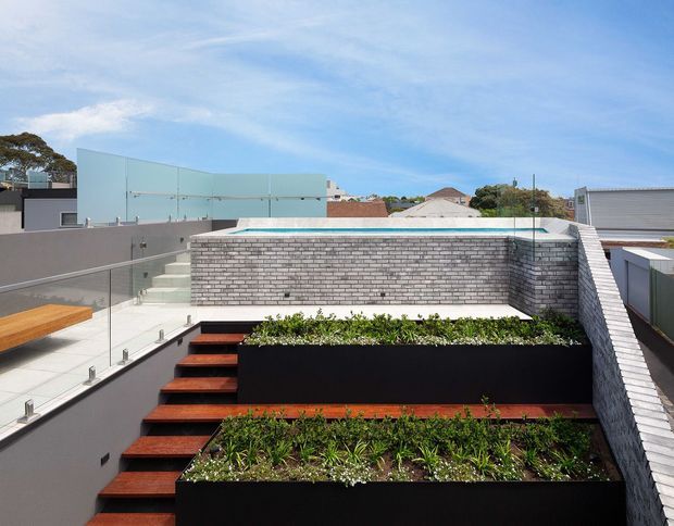 A contemporary rooftop terrace with tiered black raised garden beds planted with greenery, warm timber steps, and a glass balustrade. White-grey brick privacy walls and pale rendered surfaces frame the open outdoor space, with neighbouring rooftops visible beyond under a blue sky.