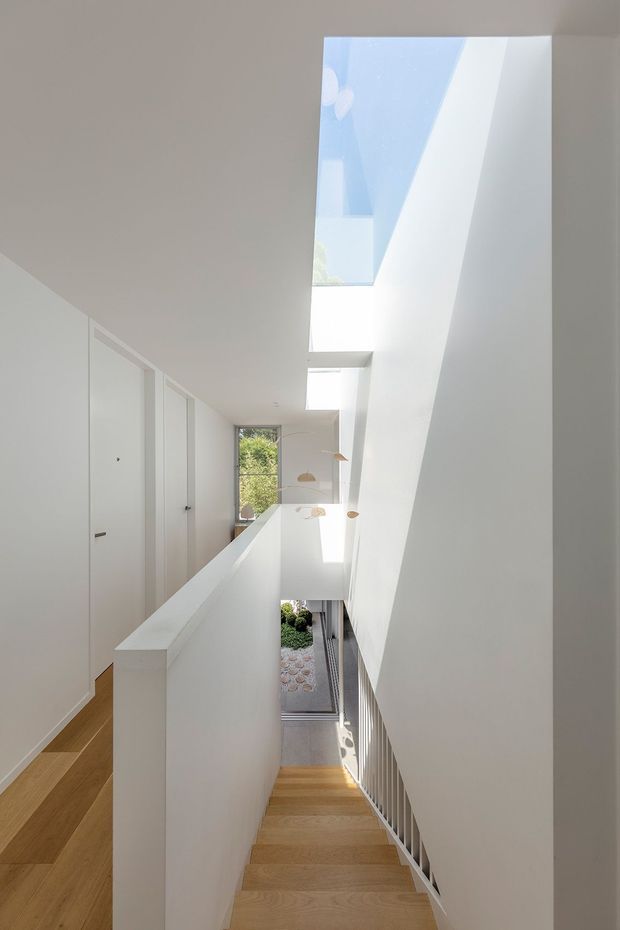 Bright minimalist interior view of a stairway and upper-level landing. A white stair balustrade and walls frame warm timber stairs and flooring, with a tall void, linear skylights, and pendant lights bringing abundant natural light. A small landscaped courtyard is visible at the lower level.