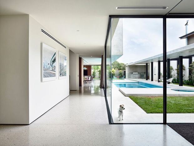 A bright, minimalist modern interior corridor or living circulation space opening onto a landscaped courtyard and rectangular swimming pool. The room features floor-to-ceiling black-framed glazing, a smooth white ceiling with linear air-conditioning vents, white walls with framed artwork, and a pale terrazzo floor. A small dog is visible outside on the concrete path, while the view beyond shows a contemporary flat-roof pavilion and pool terrace.
