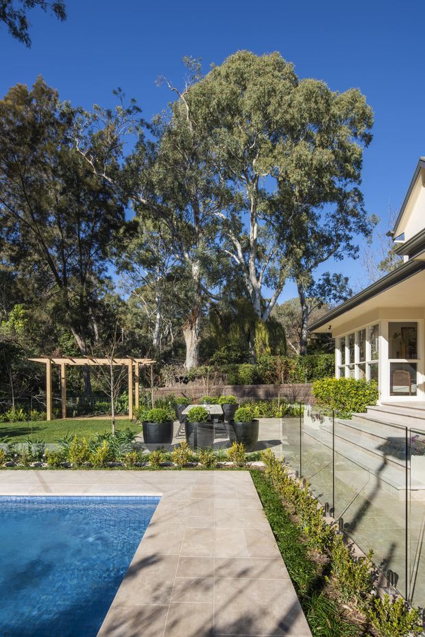 A landscaped residential backyard with a blue swimming pool in the foreground, pale tiled pool decking, clear glass balustrades, raised steps and a light-coloured house with a covered verandah. Mature eucalyptus trees, clipped hedges, potted plants and a simple timber garden pergola create a leafy Australian-style outdoor setting.