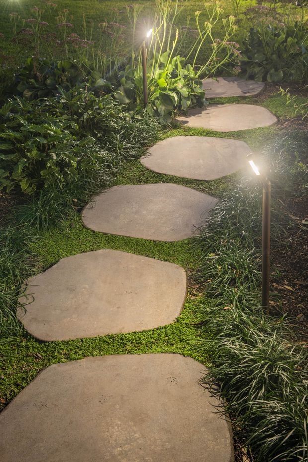A landscaped garden path made from irregular rounded concrete stepping stones winding through dense green planting and ornamental grasses. Slim dark garden bollard lights illuminate the walkway, creating a softly lit evening atmosphere.