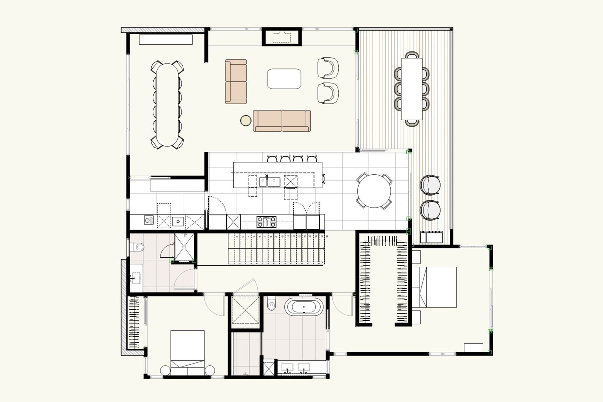 Architectural floor plan by Rogan Nash Architects illustrating the thoughtful planning of Room with a View. The layout is designed to maximise natural light, capture the surrounding views and create a seamless connection between the open-plan living spaces and outdoor areas, while providing well-zoned private accommodation for contemporary family living.