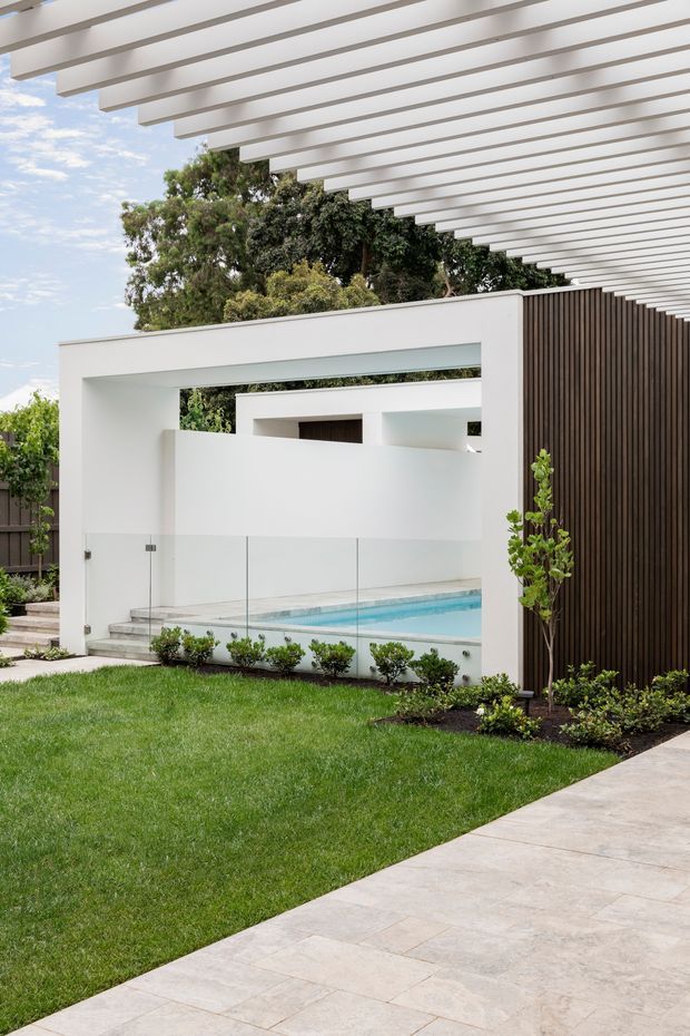 A contemporary residential outdoor courtyard viewed from a landscaped garden. The scene features a linear swimming pool enclosed by white rendered geometric walls and frameless glass balustrades, beneath a large white pergola with closely spaced beams. A dark vertical timber-clad wall contrasts with the white structure, while lawn, clipped planting, and pale stone paving complete the setting.