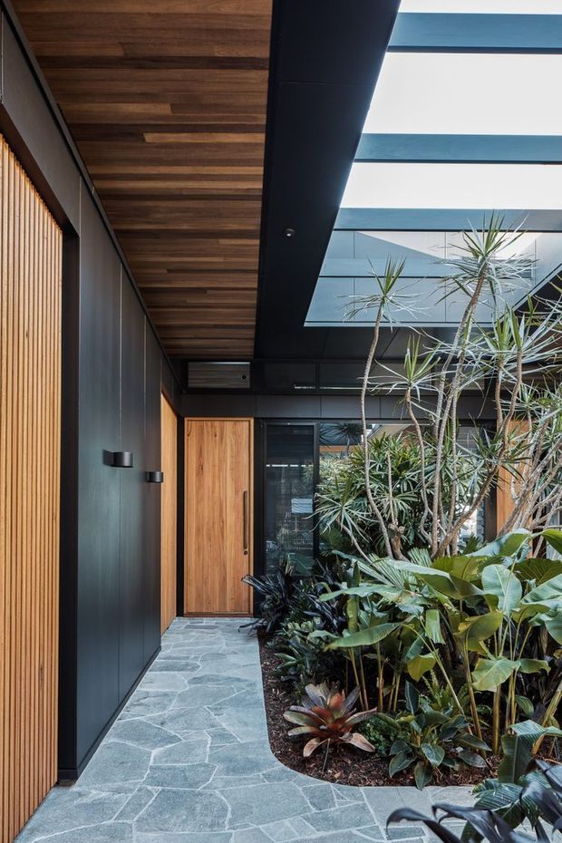 A contemporary covered entry courtyard with a narrow stone-paved walkway leading to a warm timber front door. The space combines matte black wall cladding and trim with a richly timber-lined soffit, expansive overhead glazing, and dense tropical planting in a central garden bed. The composition is modern, refined, and biophilic, with strong contrast between dark architectural surfaces, warm wood, pale grey stone, and lush greenery.