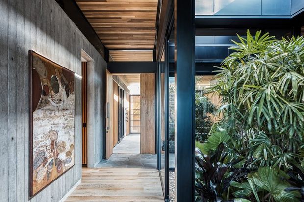 A refined interior hallway beside a lush planted courtyard. The corridor features dark textured wall panels, warm timber flooring and a timber-lined ceiling, black metal-framed glazing and doors, and a large artwork. Dense tropical planting is visible through the full-height glazing, creating a strong indoor–outdoor connection.