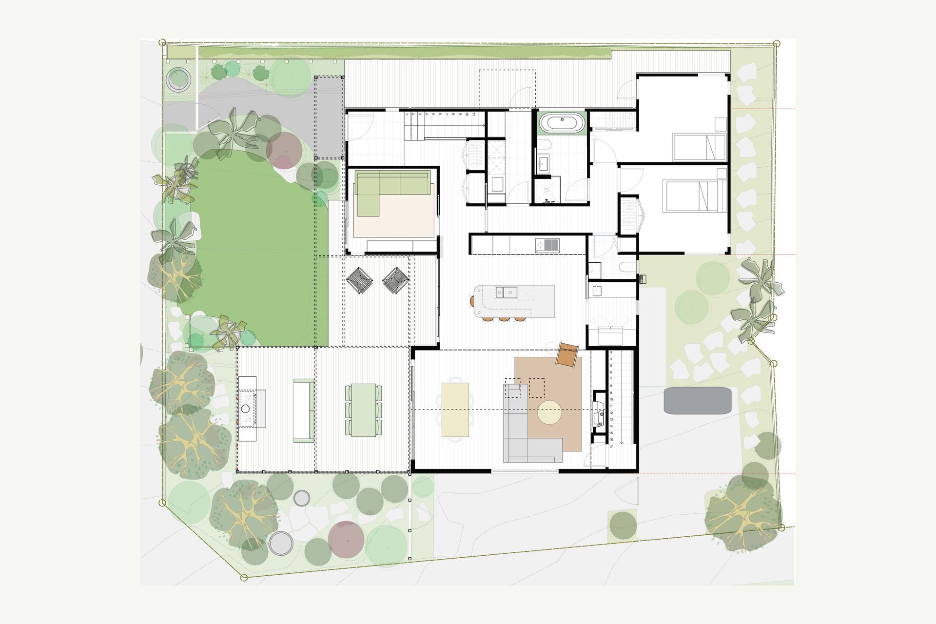 The floor plan illustrates how Sunny Side Up is a contemporary family sanctuary. Carefully arranged open-plan living spaces, a beautifully detailed kitchen and generous outdoor entertaining areas are organised to maximise sunlight, natural ventilation and a seamless connection to the garden. Every space has been thoughtfully planned to support modern family life while celebrating craftsmanship and enduring materials.