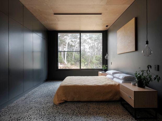 A compact contemporary bedroom with a low platform bed, warm tan bedding, dark full-height built-in wardrobes, a black-framed window overlooking trees, a timber-panelled ceiling, and a terrazzo-like speckled floor. Minimal pendant lights, a simple artwork panel, and a small timber bedside cabinet with a plant complete the calm, moody interior.